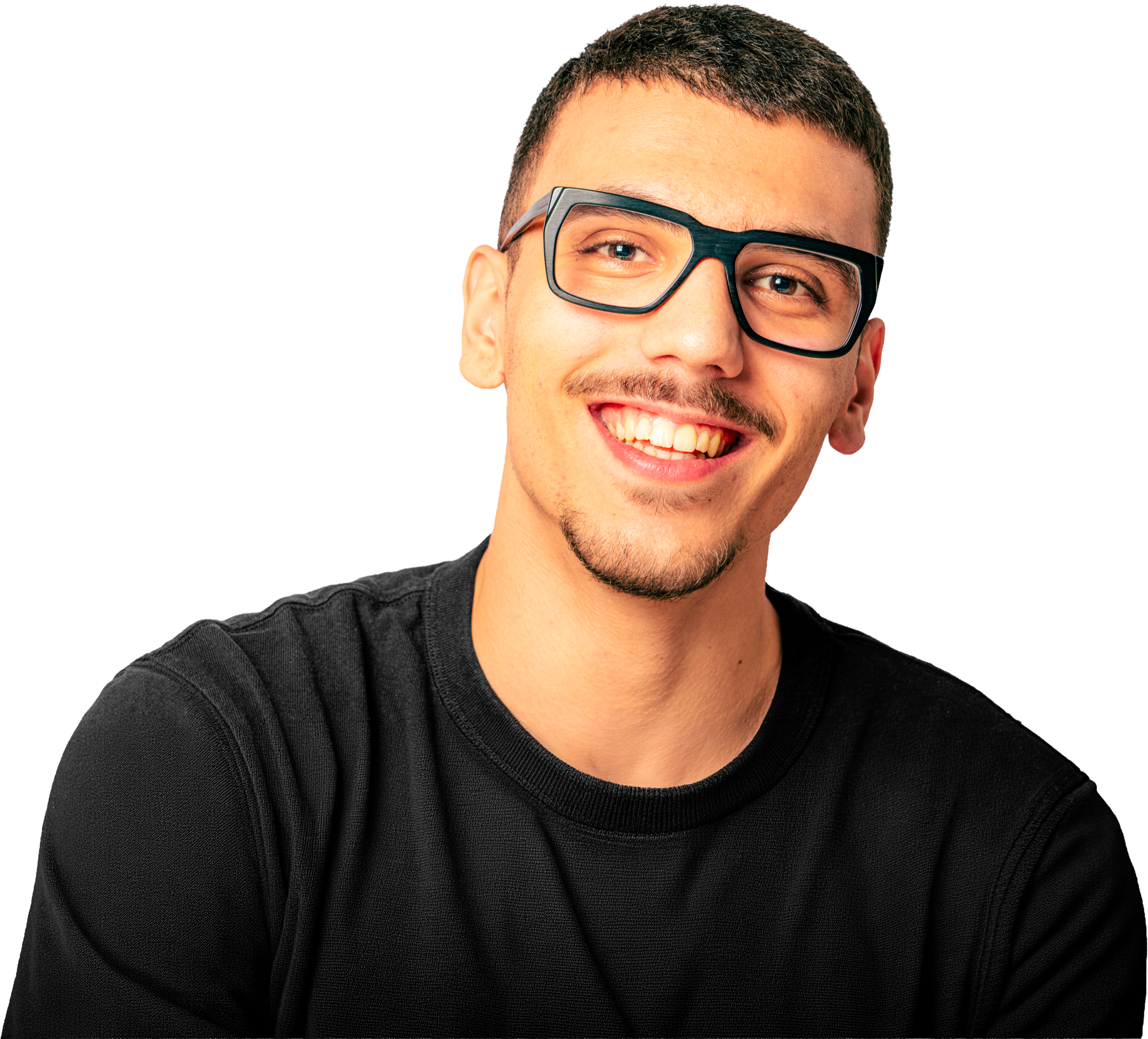A smiling young man with glasses and a black t-shirt, cut out over a patterned orange band.