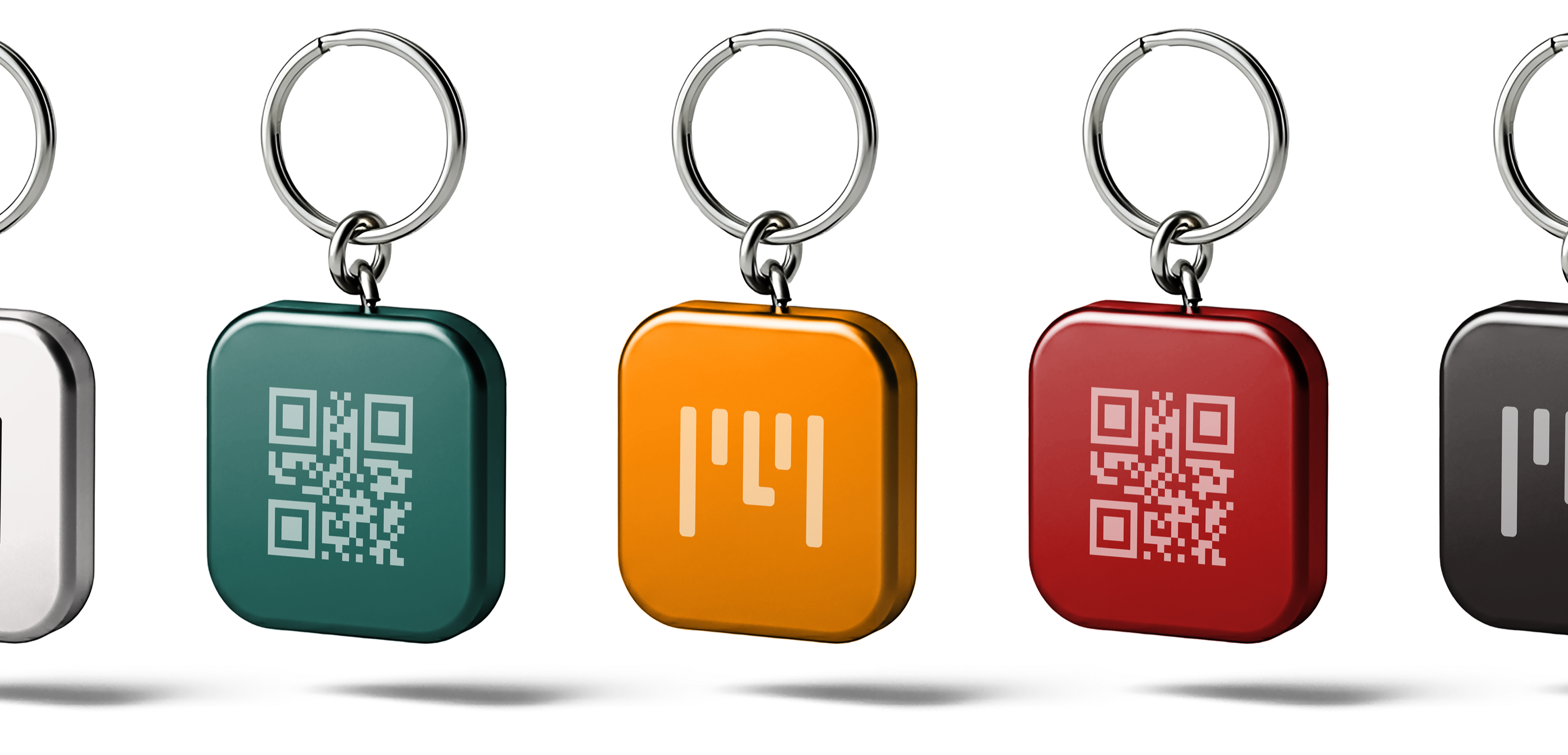 Three square keychains on metal rings — teal, orange and red — each with a QR code or the PLY mark.