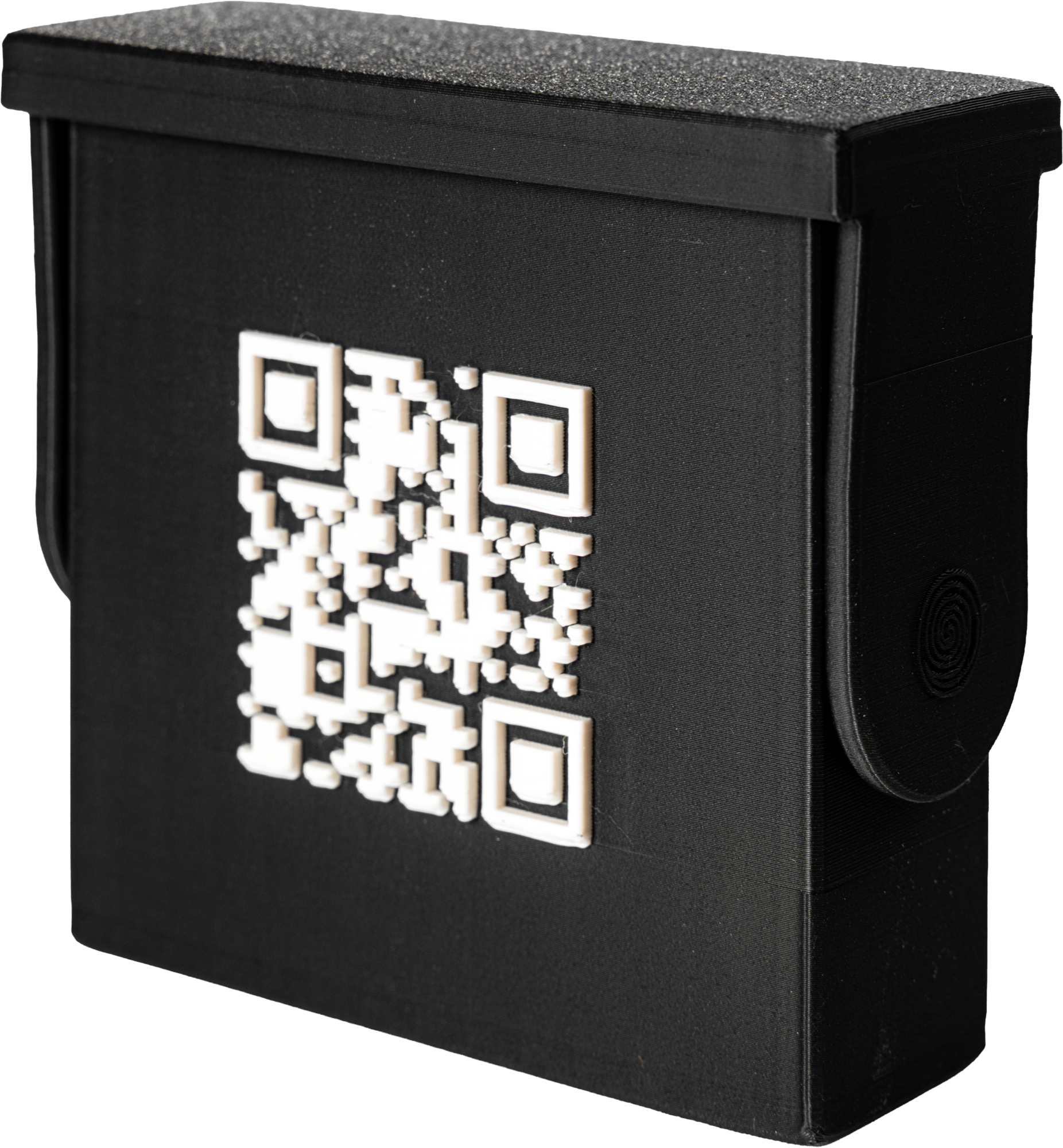 The 3D-printed case, black and matte, with a large QR code raised on its face.
