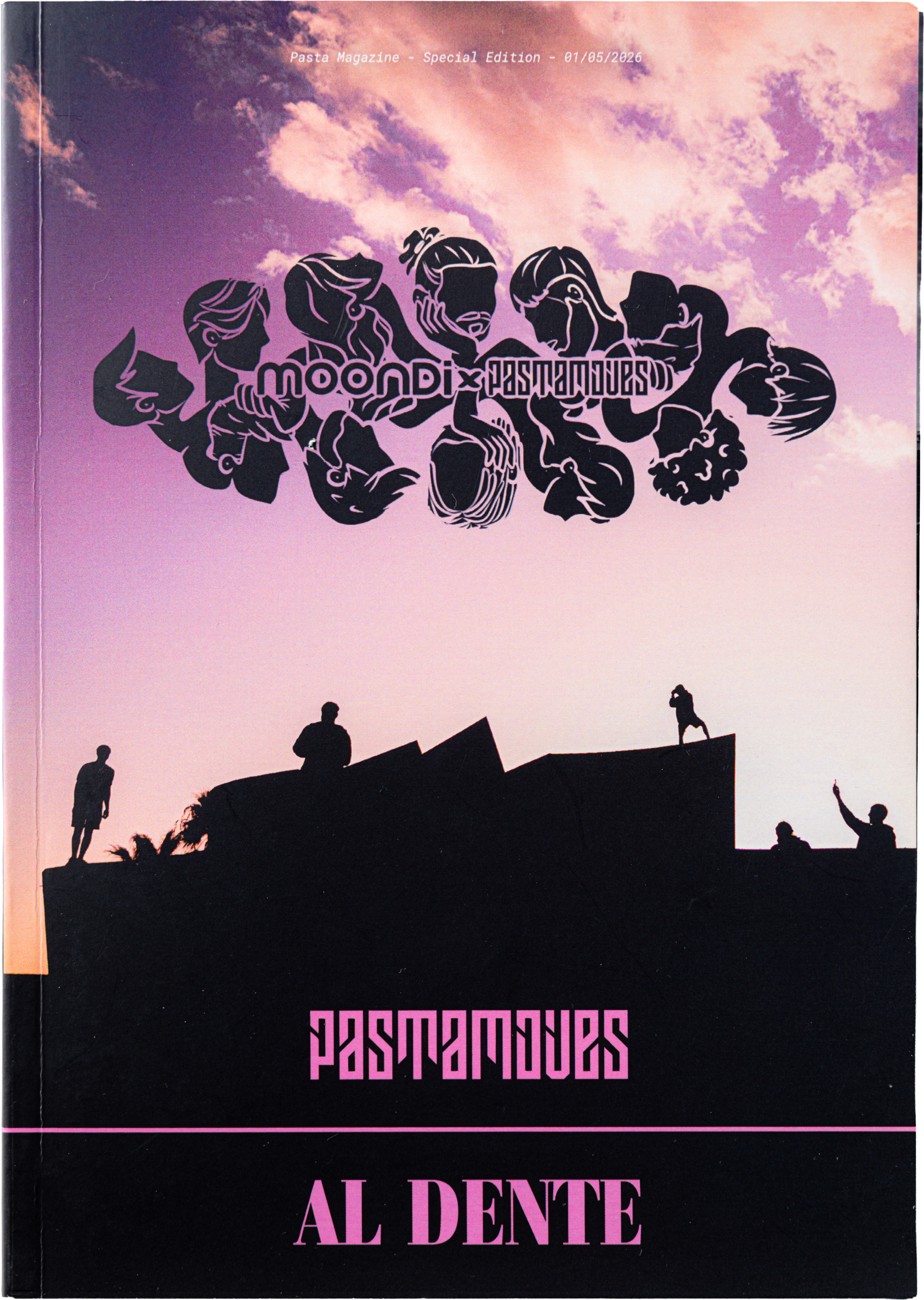 The cover of the magazine: a black silhouette of rooftops and figures against a pink sky, the title "Al Dente" and the pastamoves logo in fuchsia.
