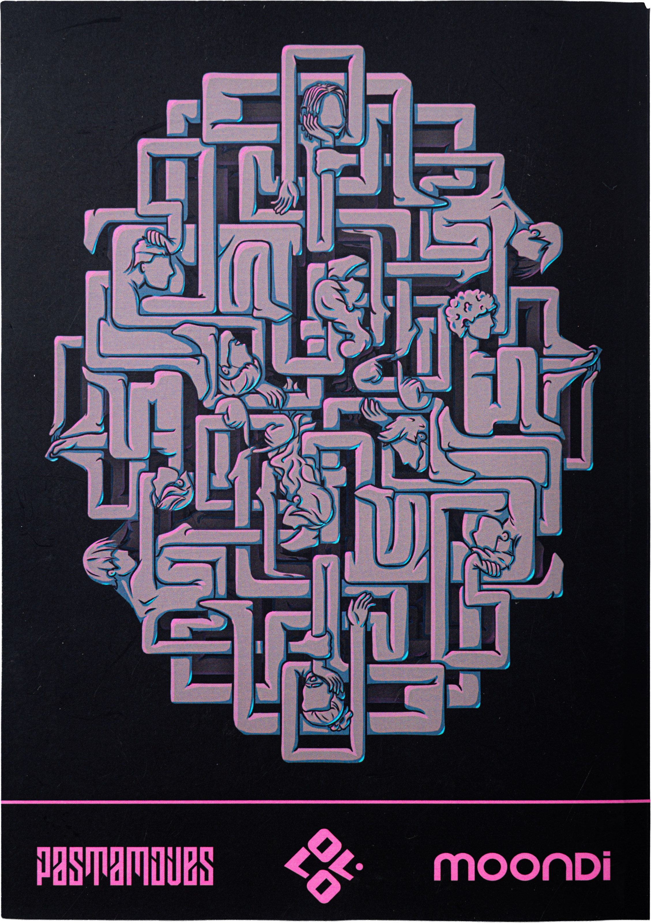 The back cover, black, with a tangle of fuchsia geometric shapes and the pastamoves, PE and moondi logos.
