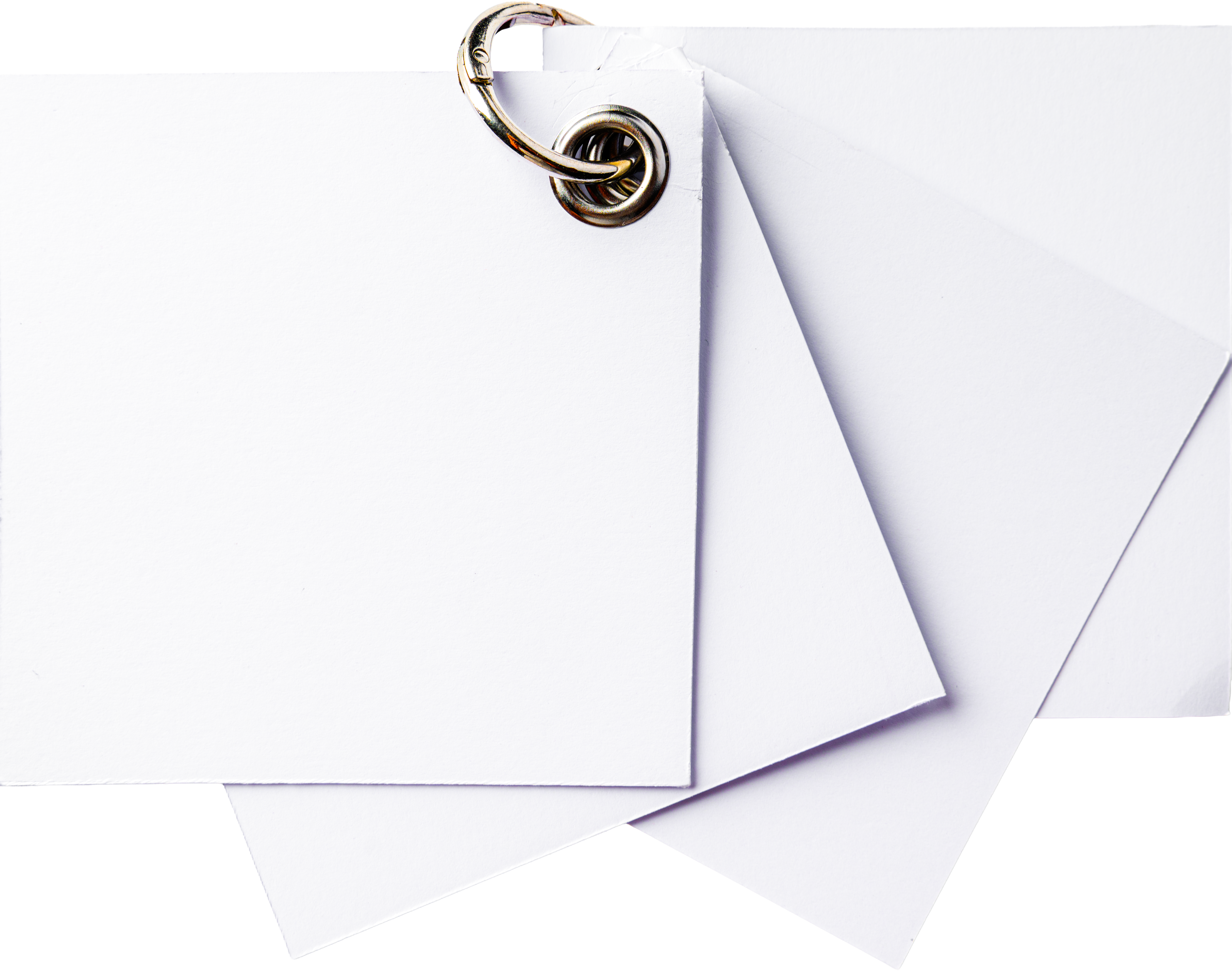A stack of square white cards fanned open around a metal ring.