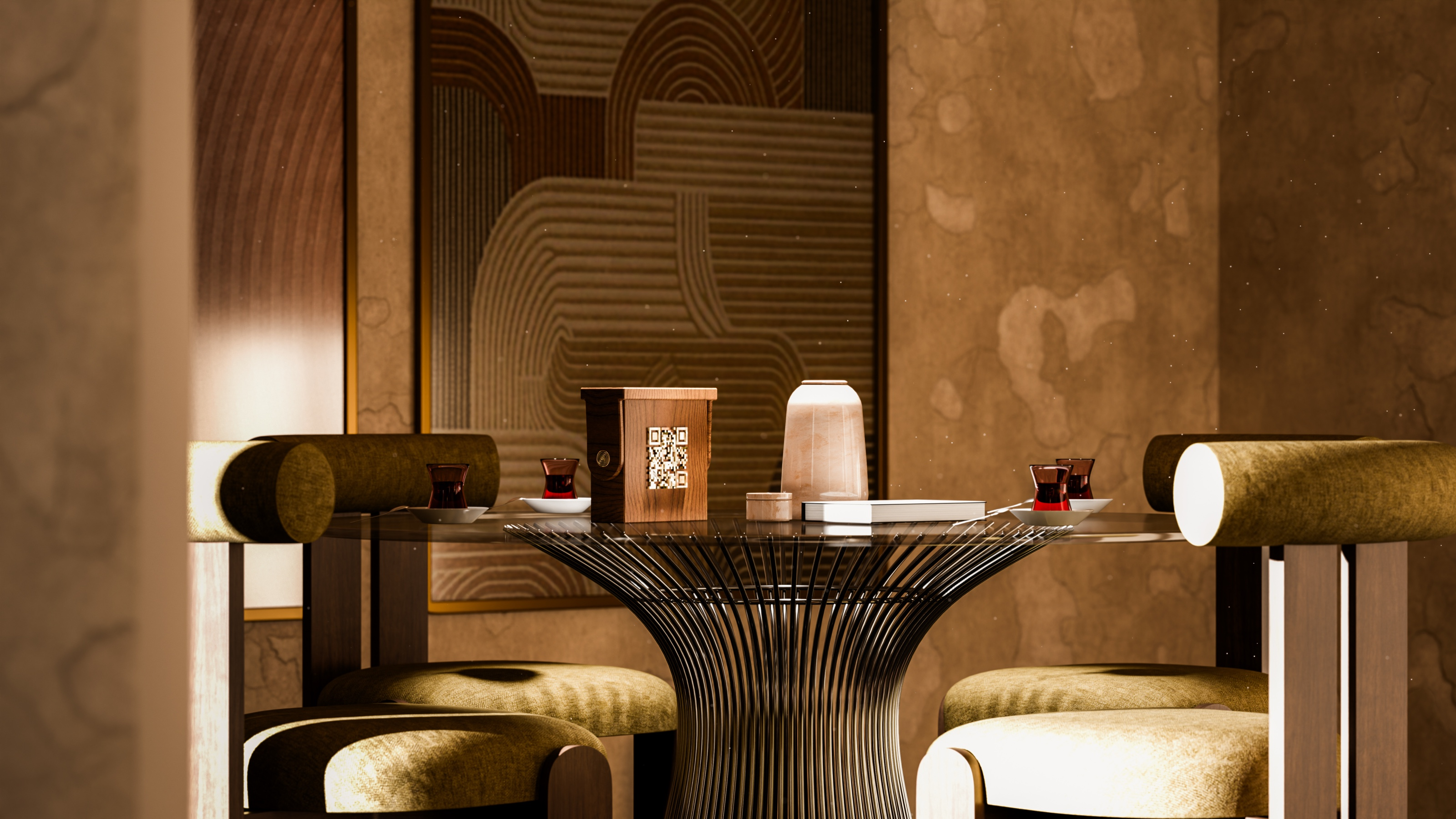 The case resting on a round side table in a warm-toned interior, between armchairs and wood panelling.