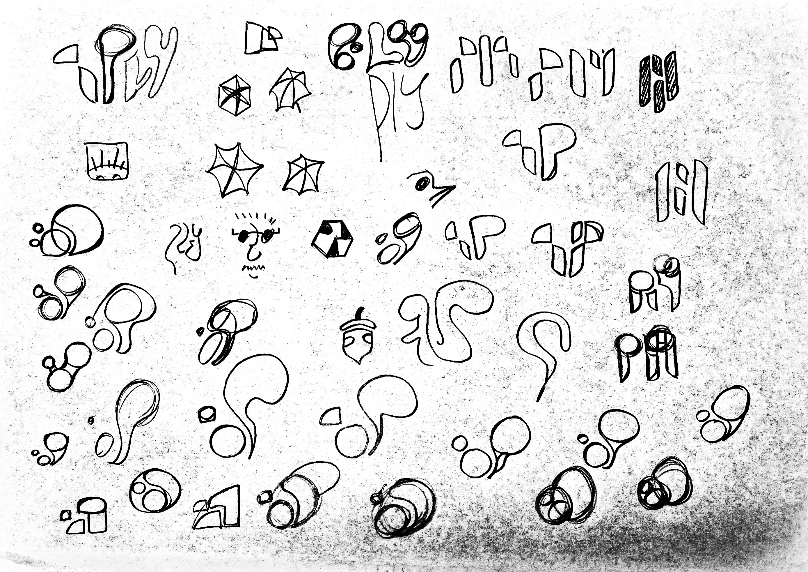 Another sheet, dense with pen sketches: dozens of squirrel and letter studies, circles and curving tails.