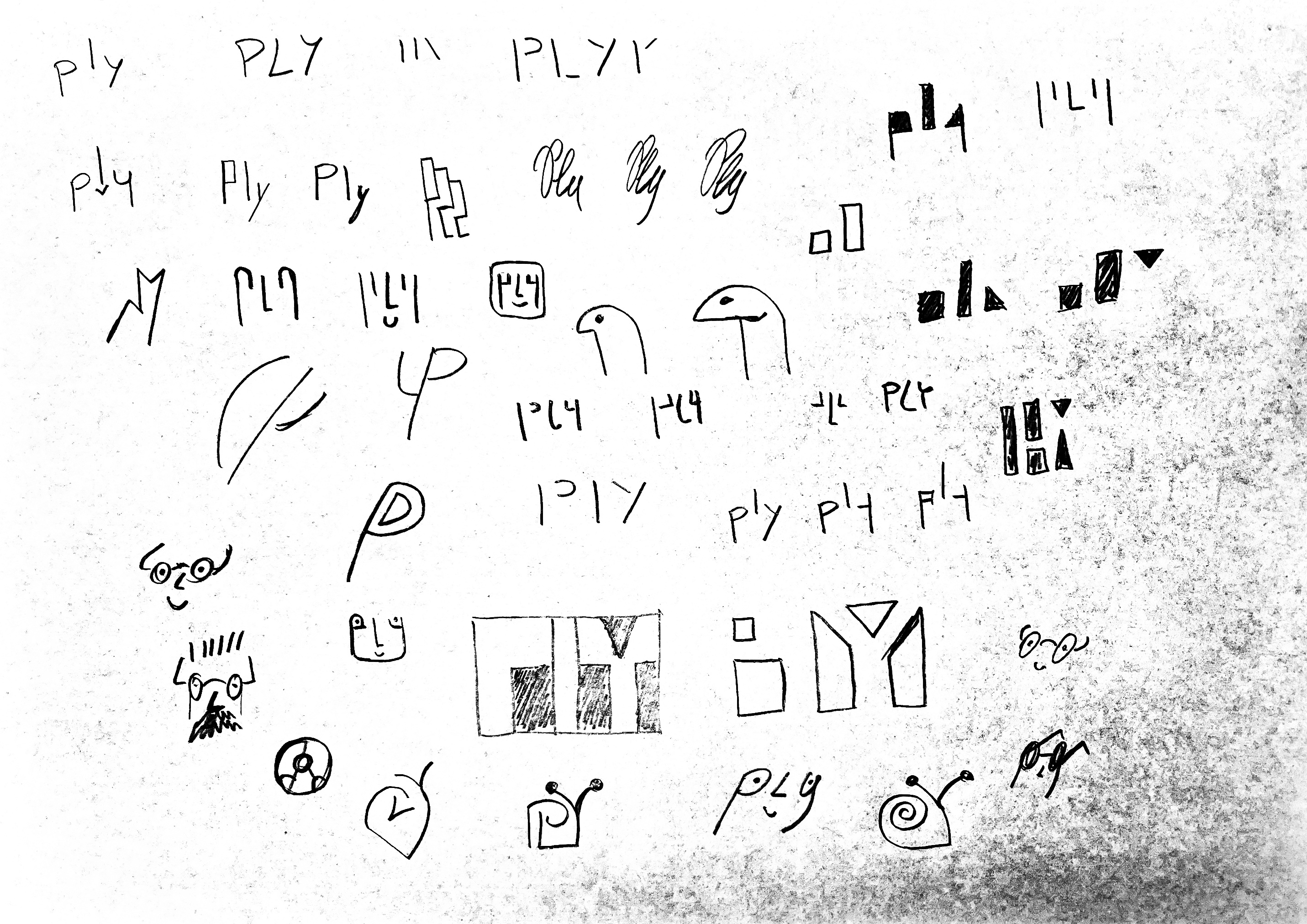 A sheet of pen sketches: dozens of ways of writing "ply" in lowercase, and a few where the three letters turn into a face with eyes and a nose.
