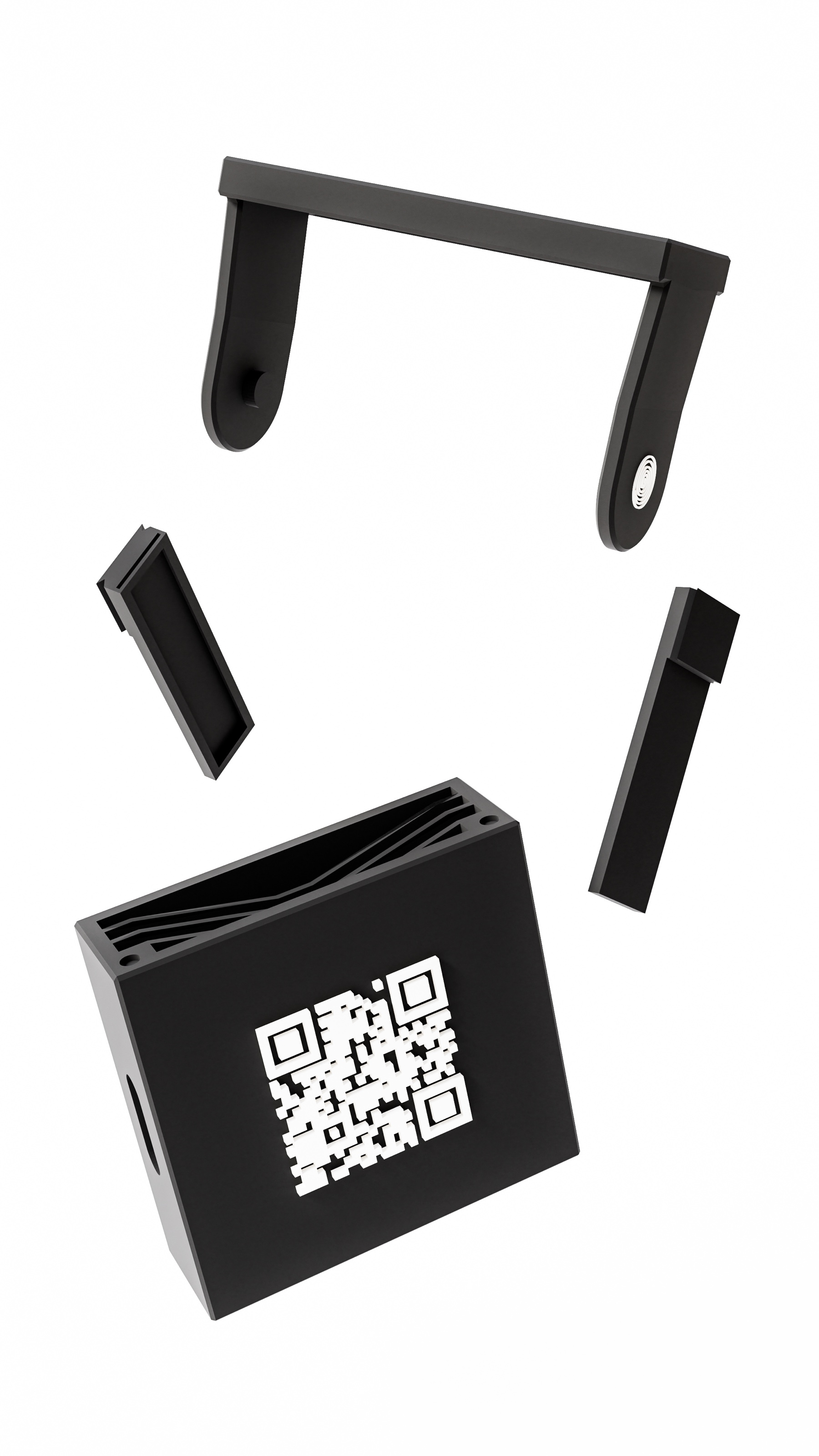 The black case broken into its parts on a white background: the hook, two clips and the body with the QR code.