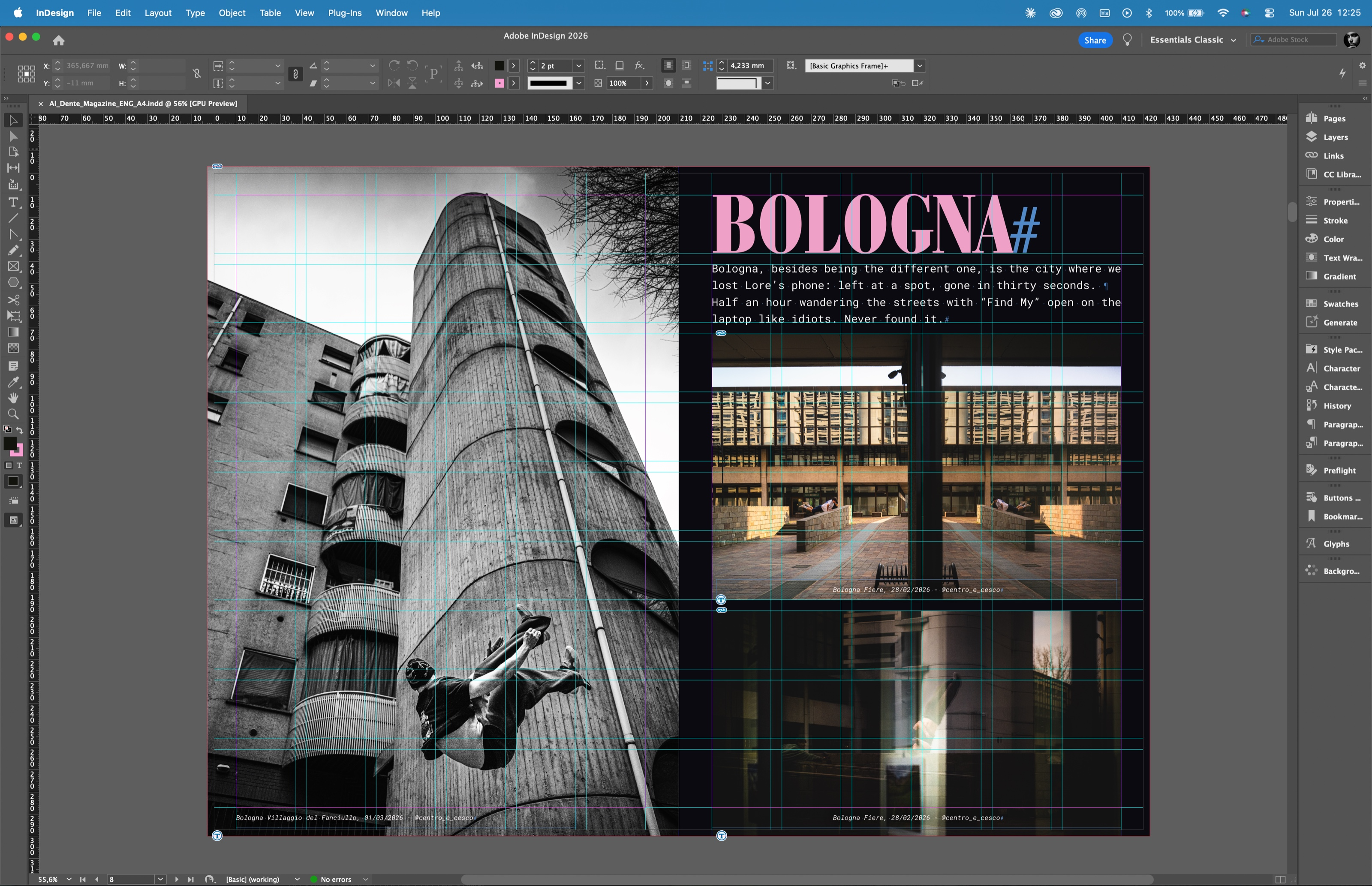 An InDesign window with the "Bologna" spread: the photo of a building, two smaller shots and a block of text on the grid.