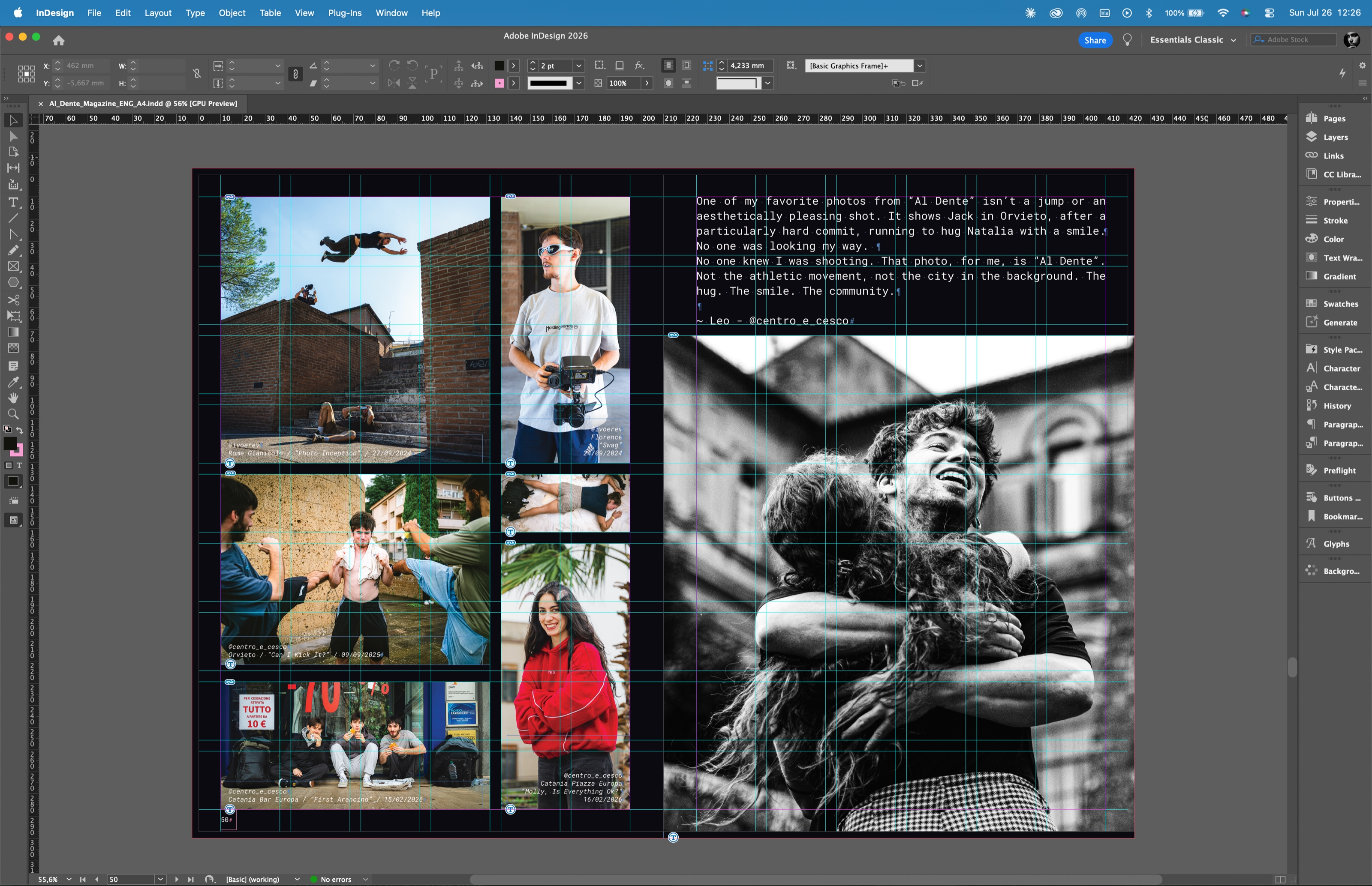 An InDesign window with an interview spread: a grid of six photos on the left and one large portrait on the right.
