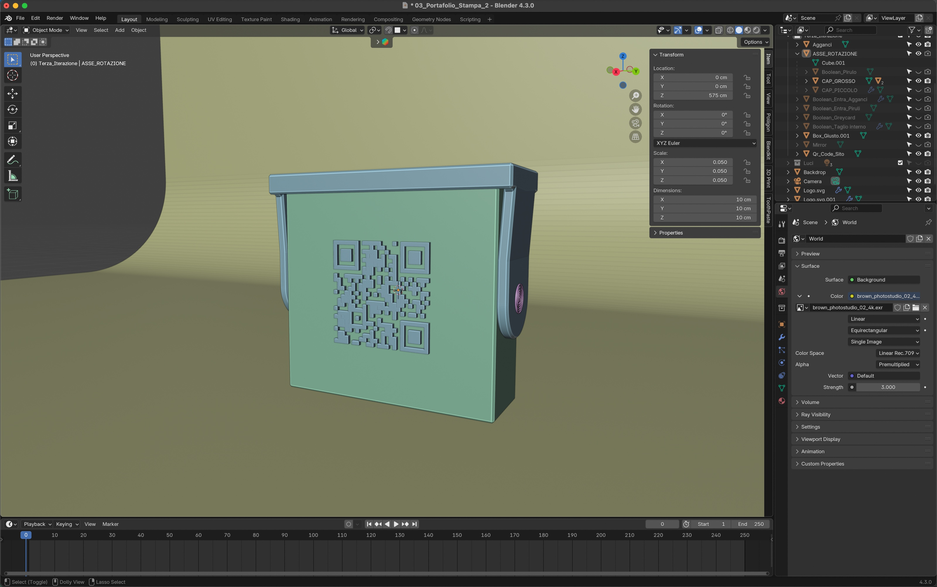 A Blender window with the three-dimensional model of the case, in teal, and the parameter panels.