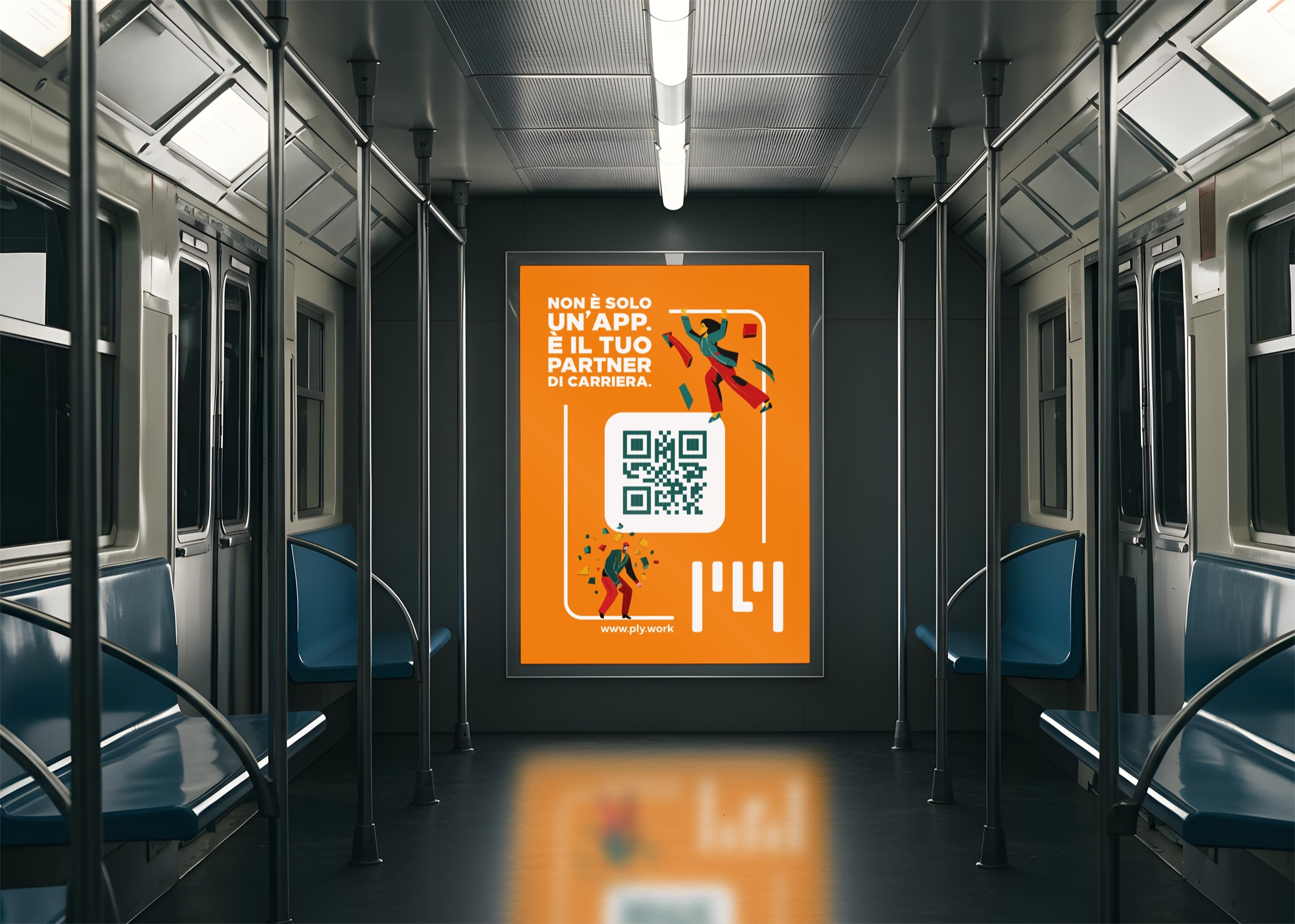 An orange poster inside a subway car: "It's not just an app. It's your career partner", with a QR code and the PLY mark.