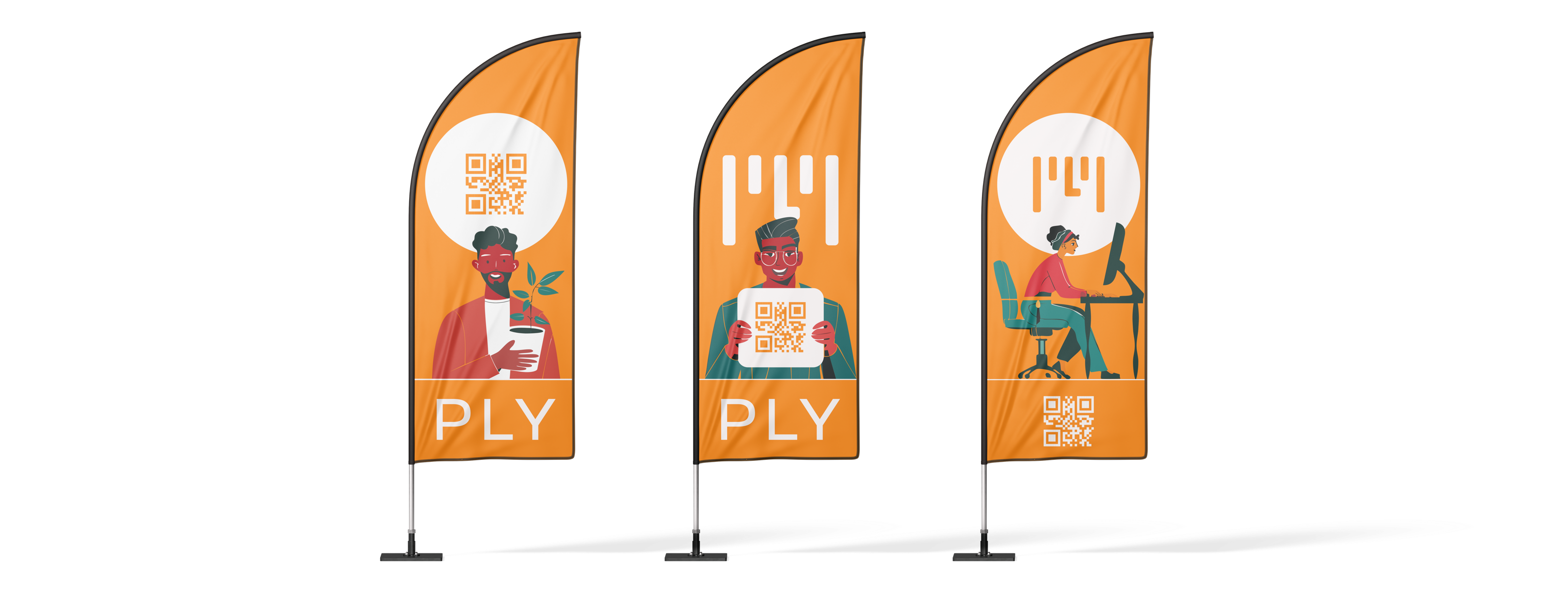 Three orange feather flags in a row, each with an illustration of someone at work and either the word PLY or the mark.