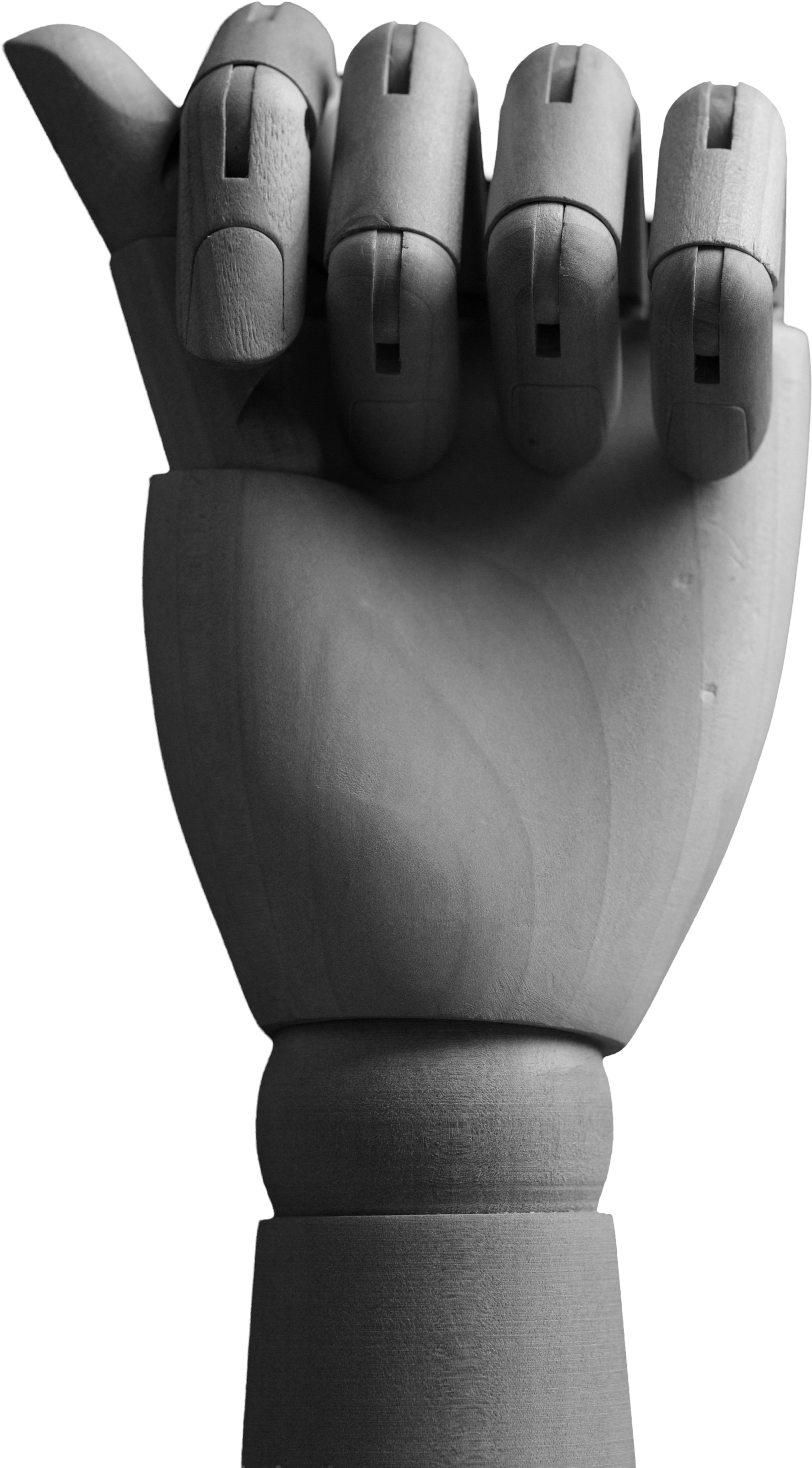 An articulated wooden hand closed in a fist, the four fingers folded and the thumb resting alongside: zero.