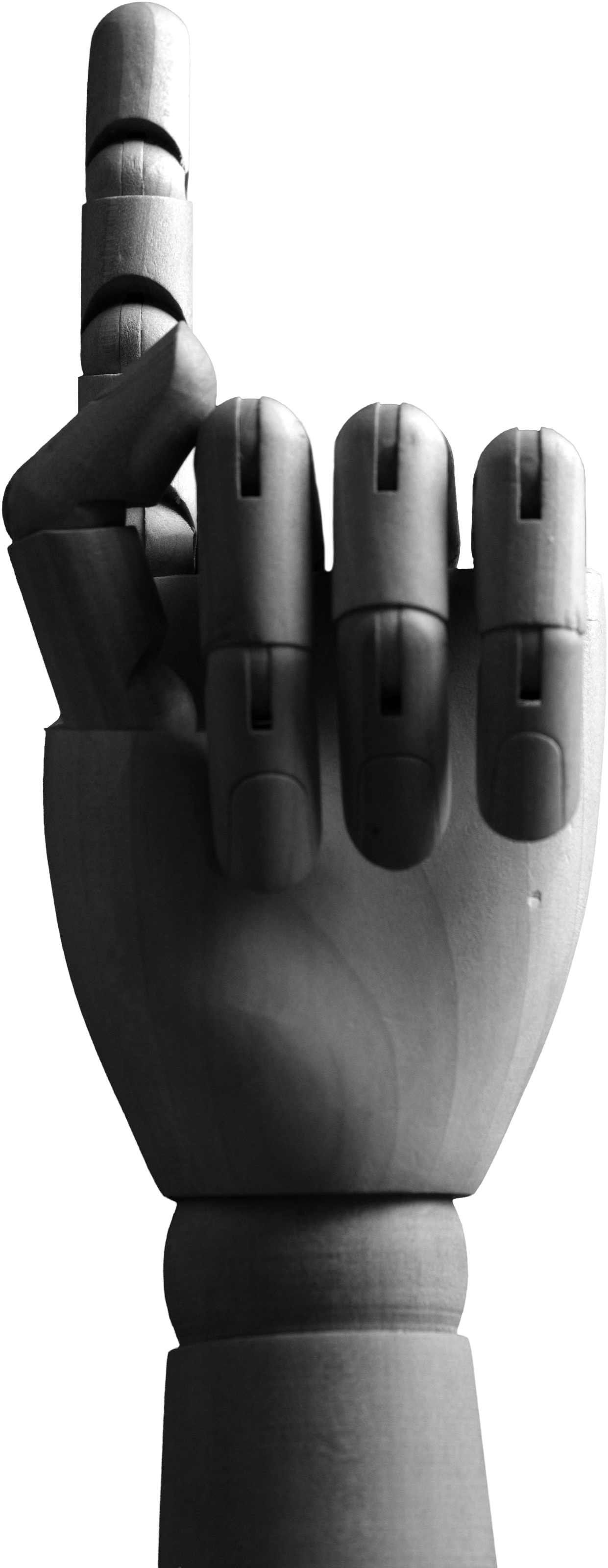 An articulated wooden hand with the index finger raised and the other three folded, the thumb resting against them: one.