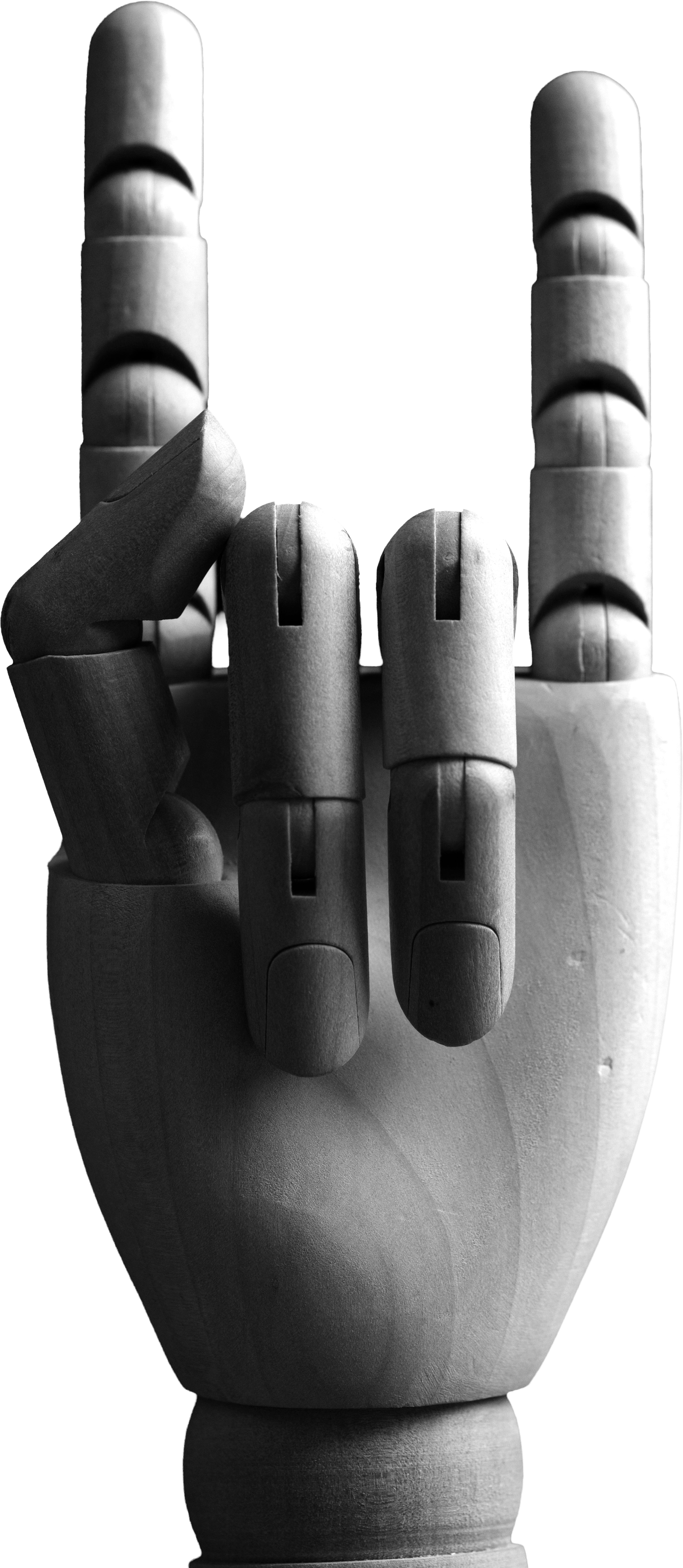 An articulated wooden hand with the index and little finger raised and the two fingers between them folded: two.