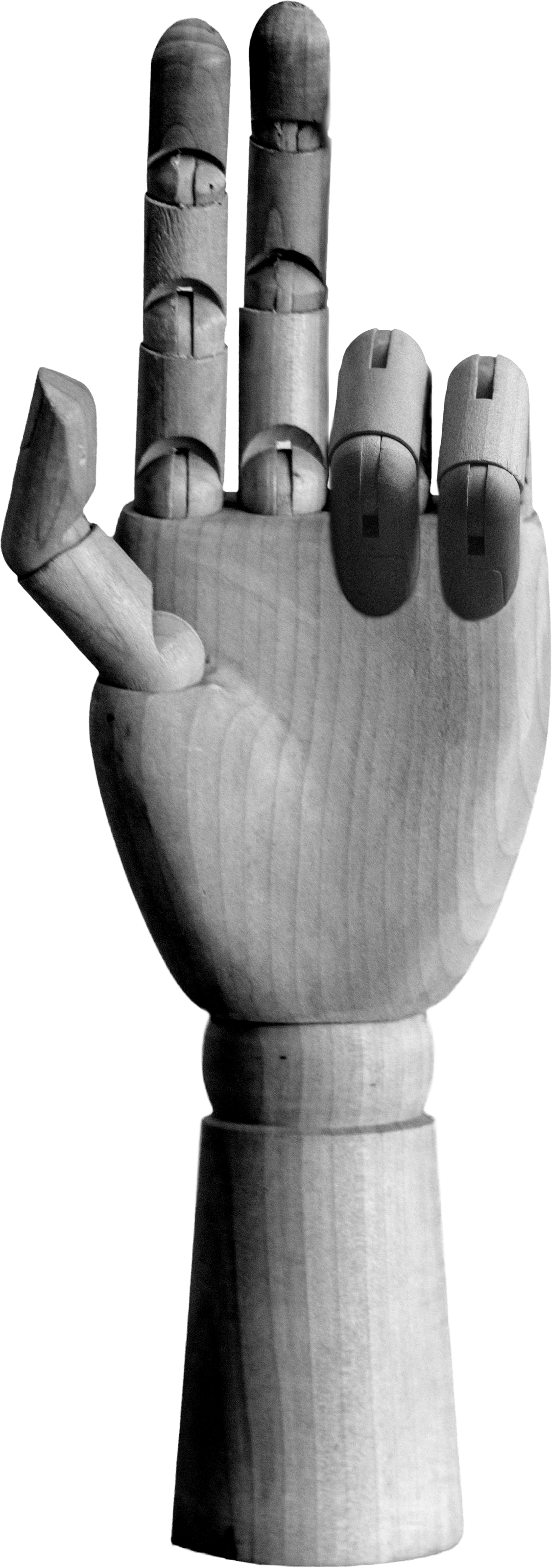 An articulated wooden hand with the index, middle and ring fingers raised, the little finger folded and the thumb held out: three.