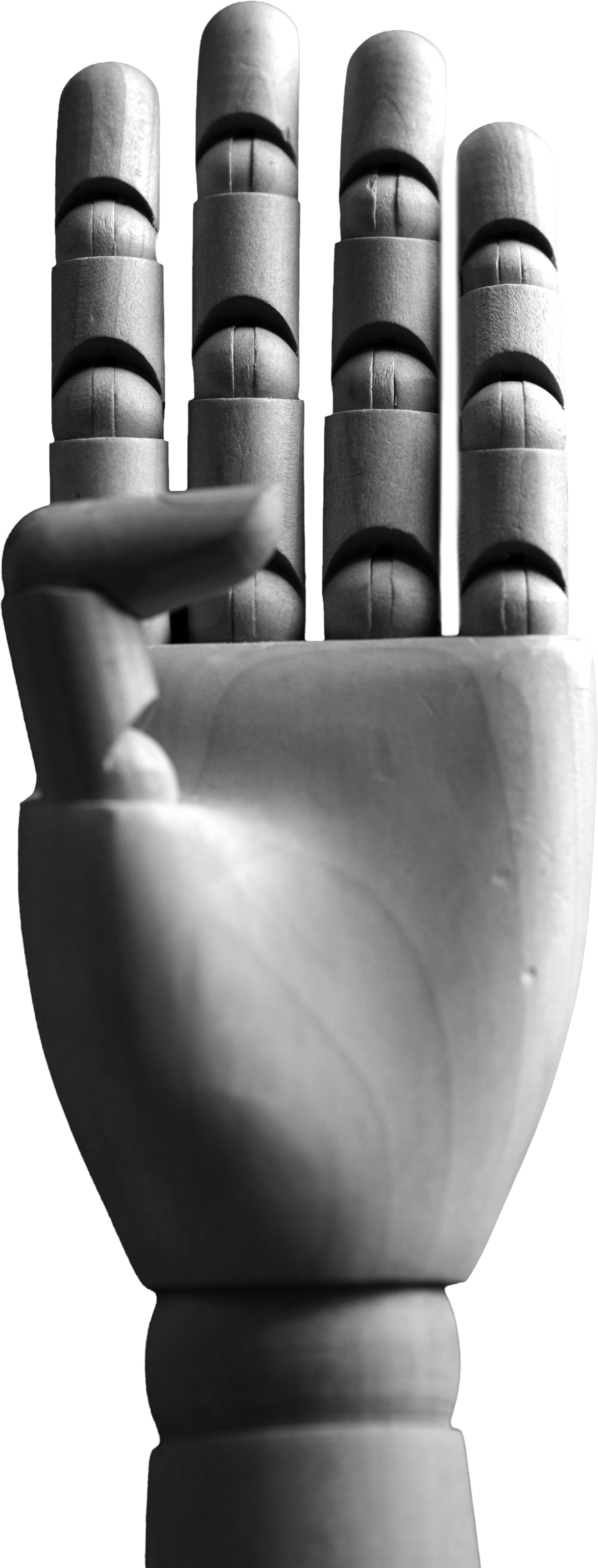 An articulated wooden hand with the four fingers raised and spread and the thumb folded across the palm: four.