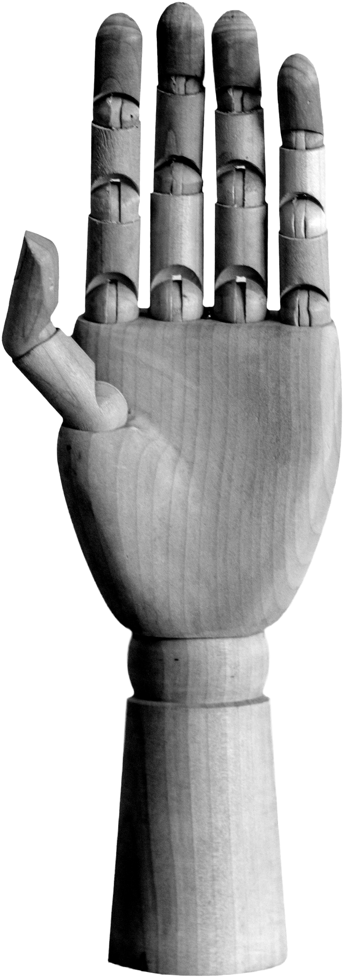 An articulated wooden hand with the palm open, the four fingers together and the thumb held out to the side: five.